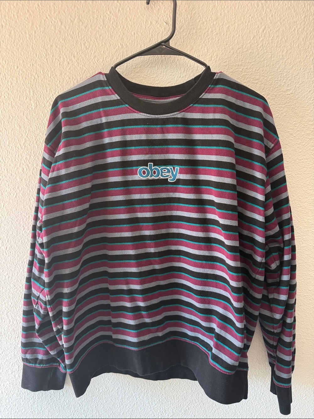 Obey Men’s Striped Crewneck Sweater in Black, Teal & Burgundy